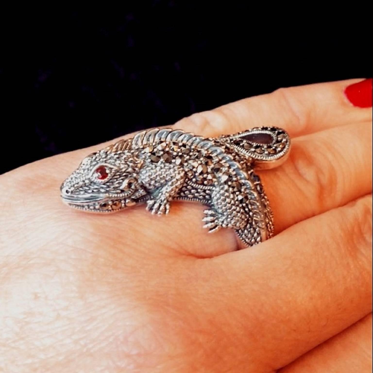 Silver Lizard Iguana Marcasite Ring  For Sale 1