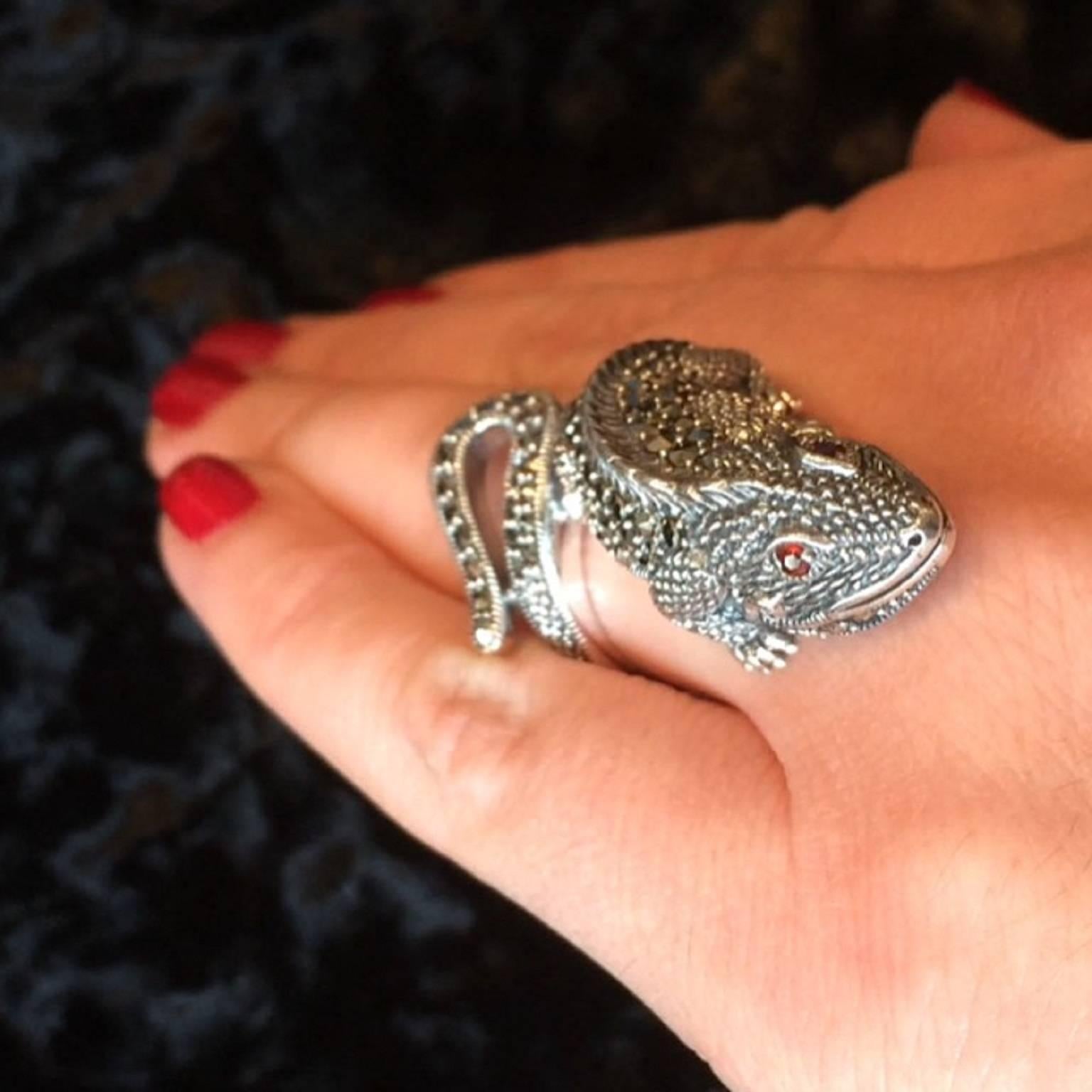 Women's Silver Lizard Iguana Marcasite Ring  For Sale