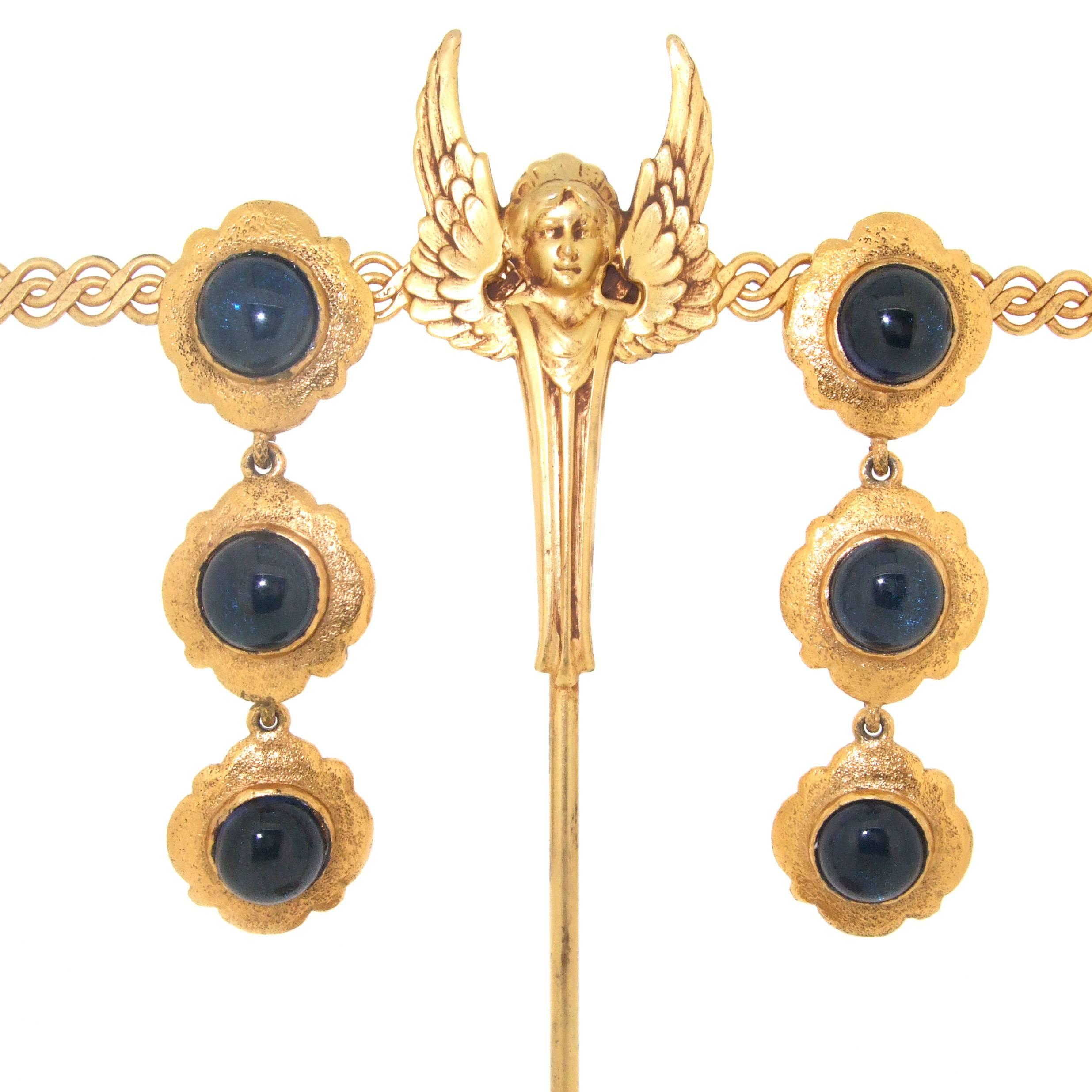 Baroque Revival Chanel Earrings in Sapphire Blue Glass For Sale