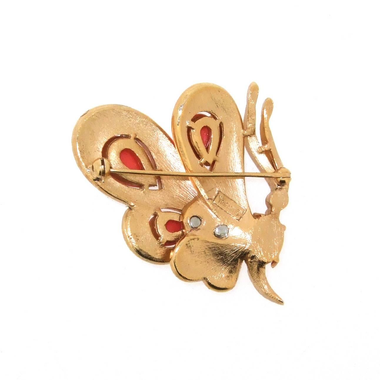 Art Nouveau Crown Trifari Butterfly Brooch Coral Glass