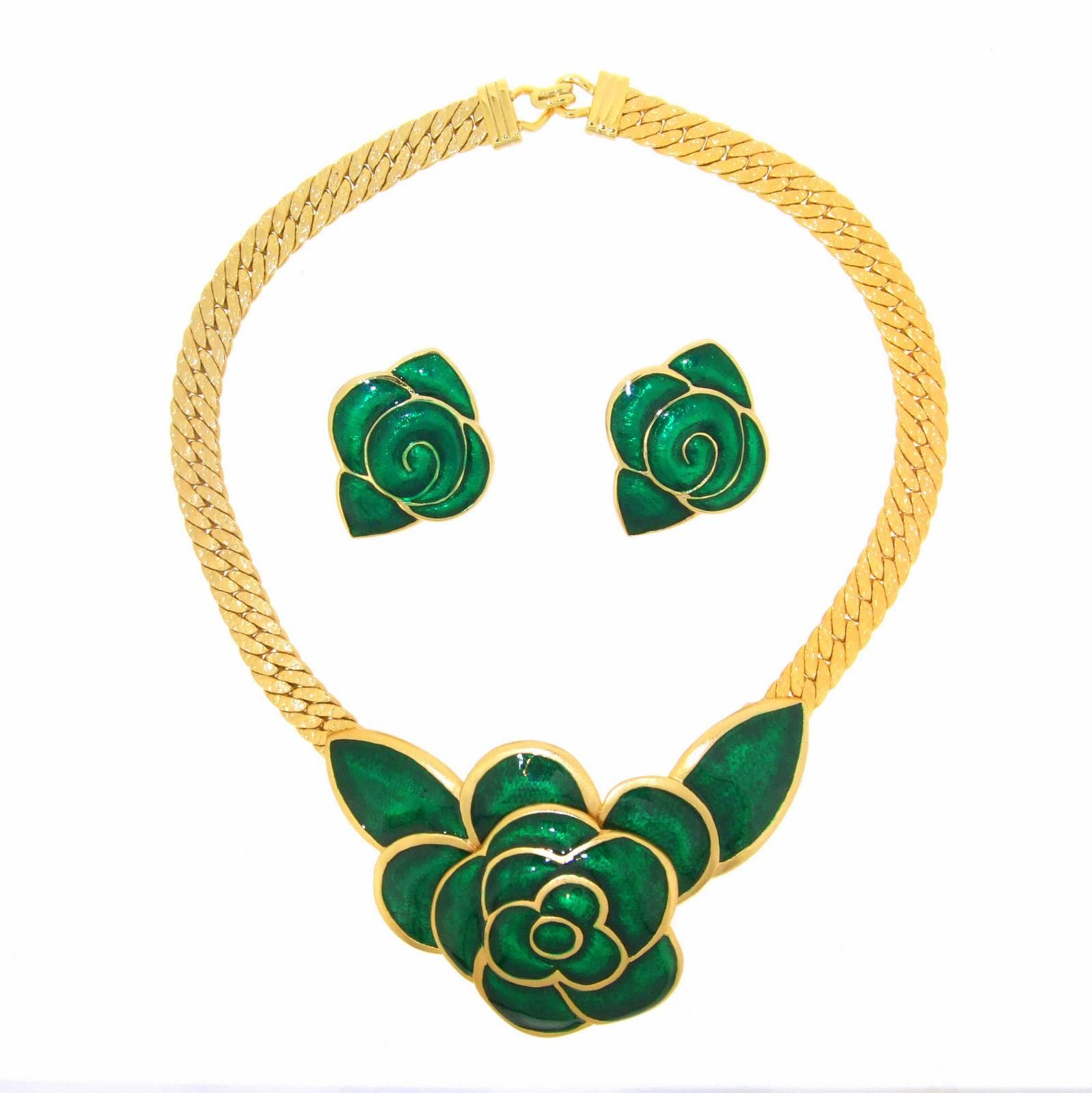 Modern Balenciaga green enamel floral clip on earrings