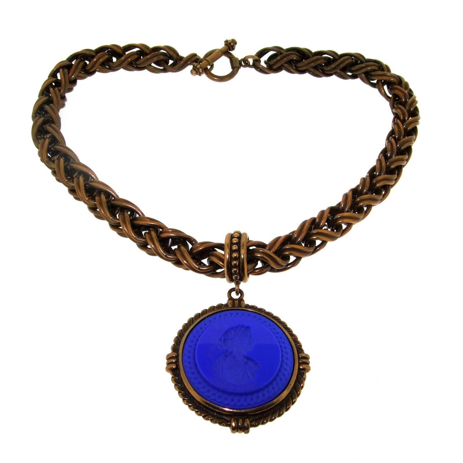 Classical Roman Extasia Intaglio Charm Necklace Cobalt Blue For Sale