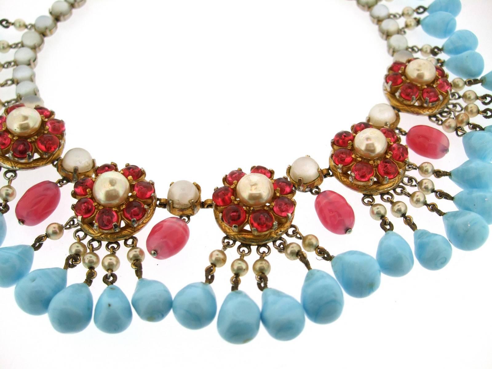 Renaissance Revival Mitchel Maer for Christian Dior Turquoise Ruby Glass Necklace 1950 For Sale