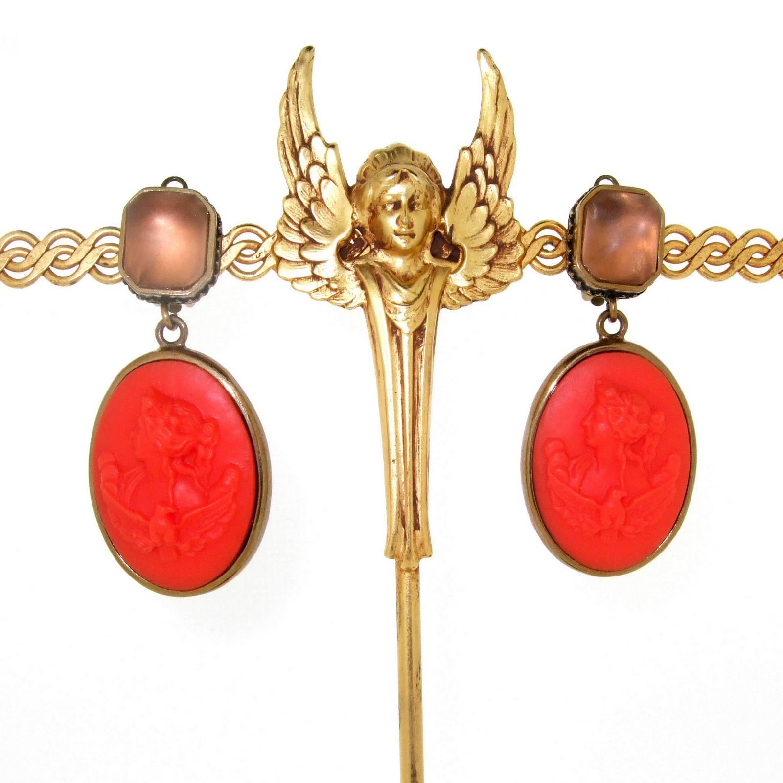 Classical Roman Extasia Coral Glass Cameo Earrings For Sale