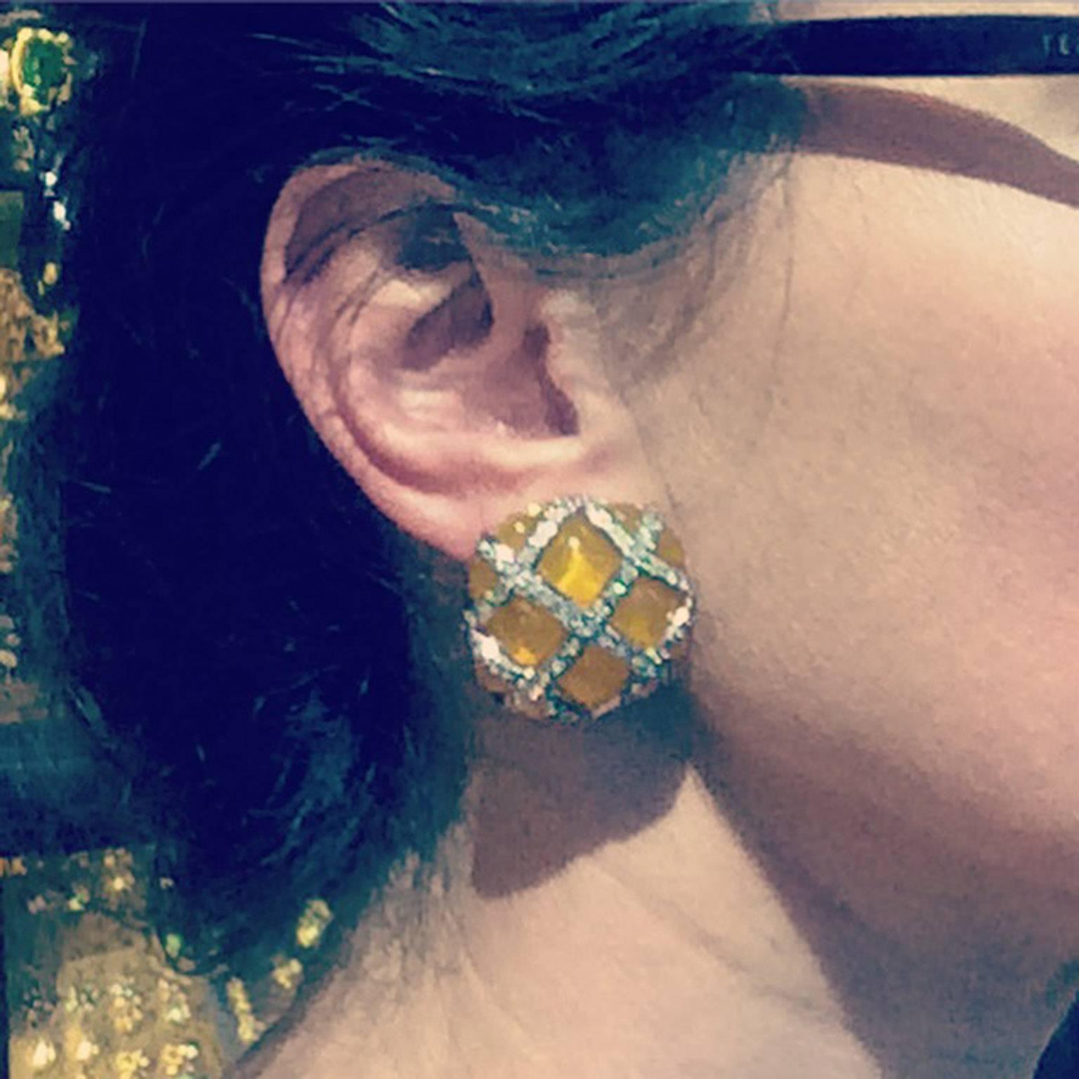 Valentino Yellow Glass Quilted Clip On Earrings In Excellent Condition In London, GB