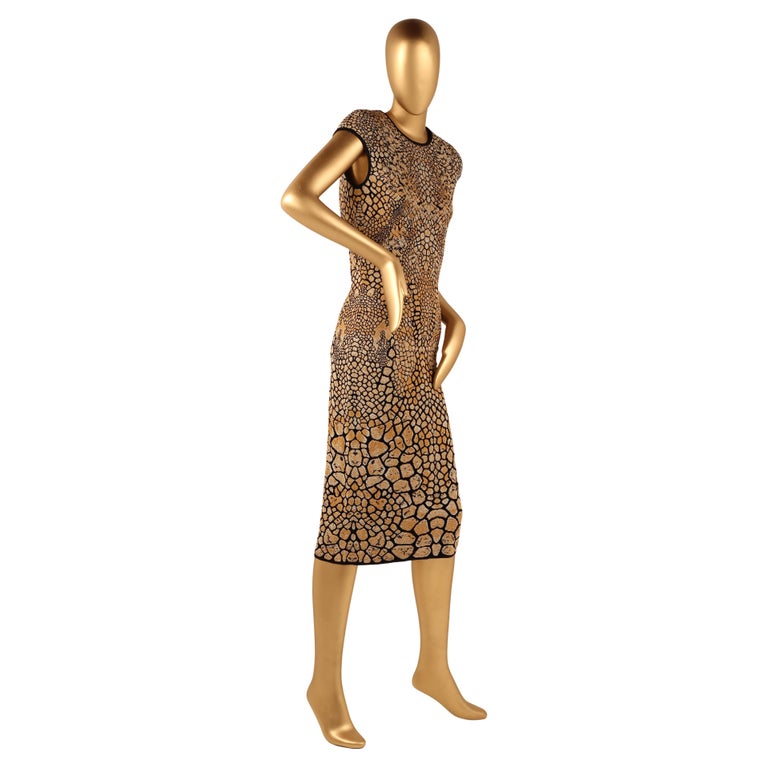 Alexander McQueen Knit Dress Reptile Shimmer Print Bodycon Cap Sleeve Midi  Dress
