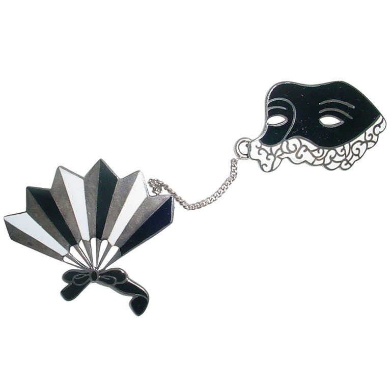 Rare Margot de Taxco Mask and Fan Sterling and enamel duette brooch For Sale