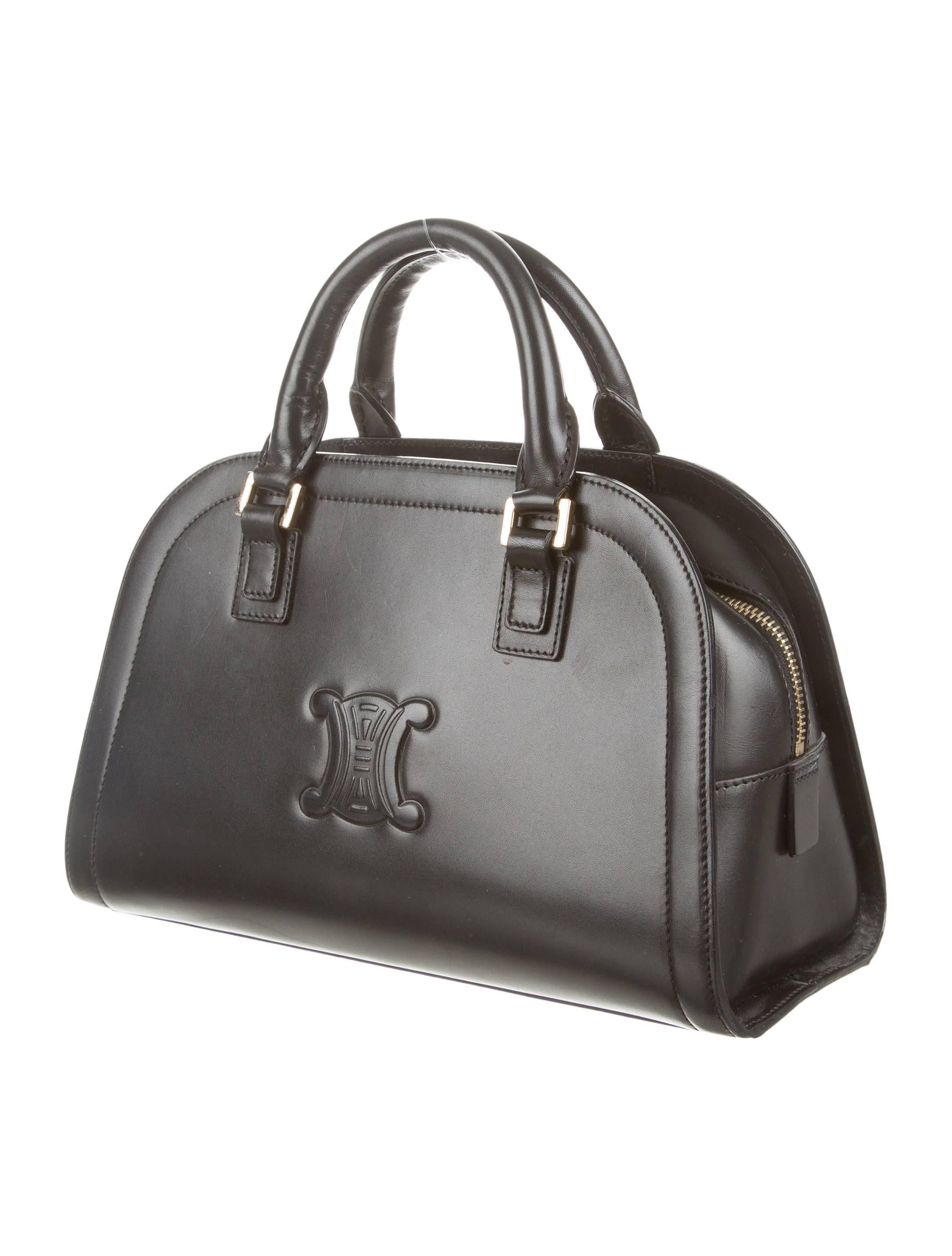 Celine Black Leather Gold Hardware Logo Top Handle Bowling Satchel Bag In Good Condition In Chicago, IL