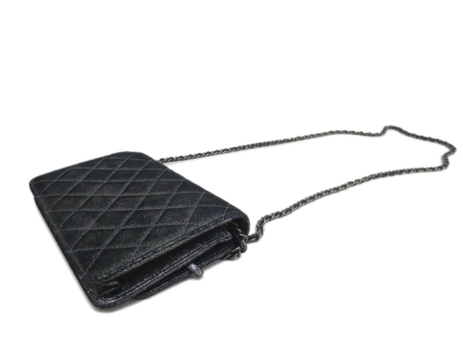 Chanel Gunmetal Metallic Klappe Brieftasche auf einer Kette WOC Crossbody Umhängetasche (Grau)
