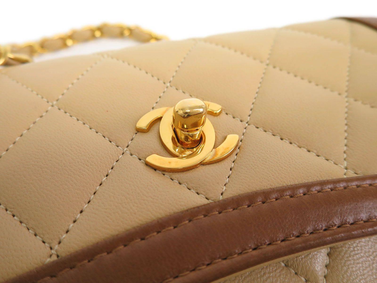 Chanel Rare Vintage Beige and Brown Two Tone Calfskin Gold HW Flap Shoulder Bag In Good Condition In Chicago, IL