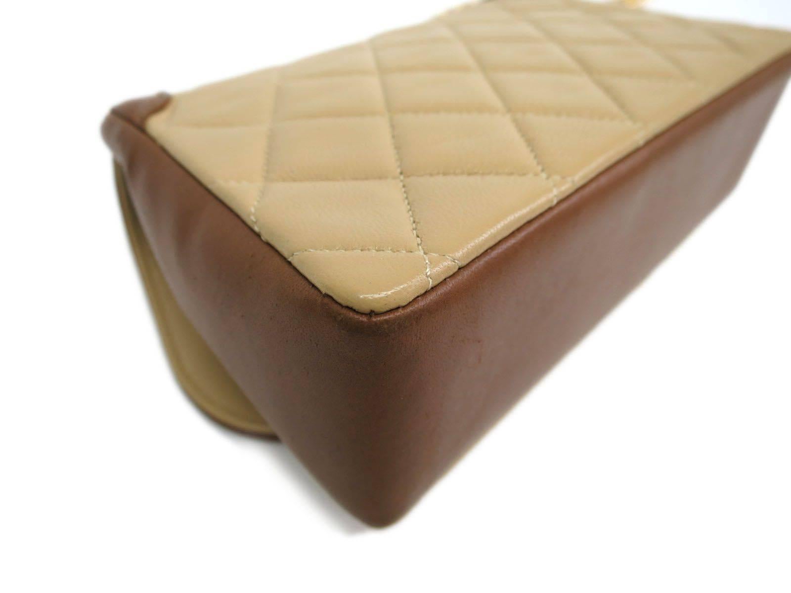 Chanel Rare Vintage Beige and Brown Two Tone Calfskin Gold HW Flap Shoulder Bag 2