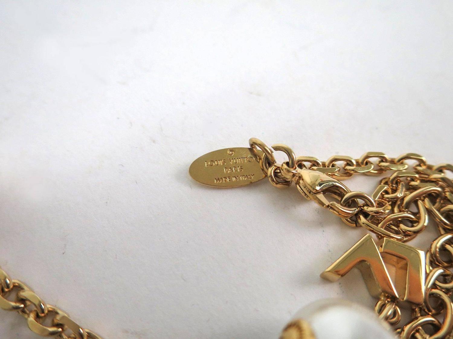 Louis Vuitton Gold Brass Pearl Flower Logo Charm Chain Link Necklace at