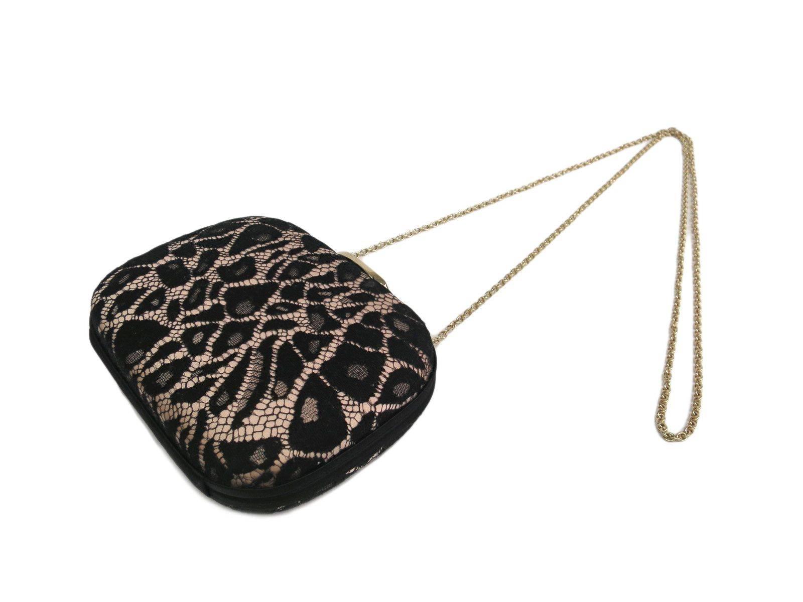 Christian Dior Black Nude Lace Satin Gold Chain Clutch Evening Shoulder Bag In Good Condition In Chicago, IL