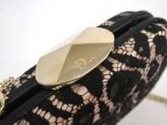 Christian Dior Black Nude Lace Satin Gold Chain Clutch Evening Shoulder Bag