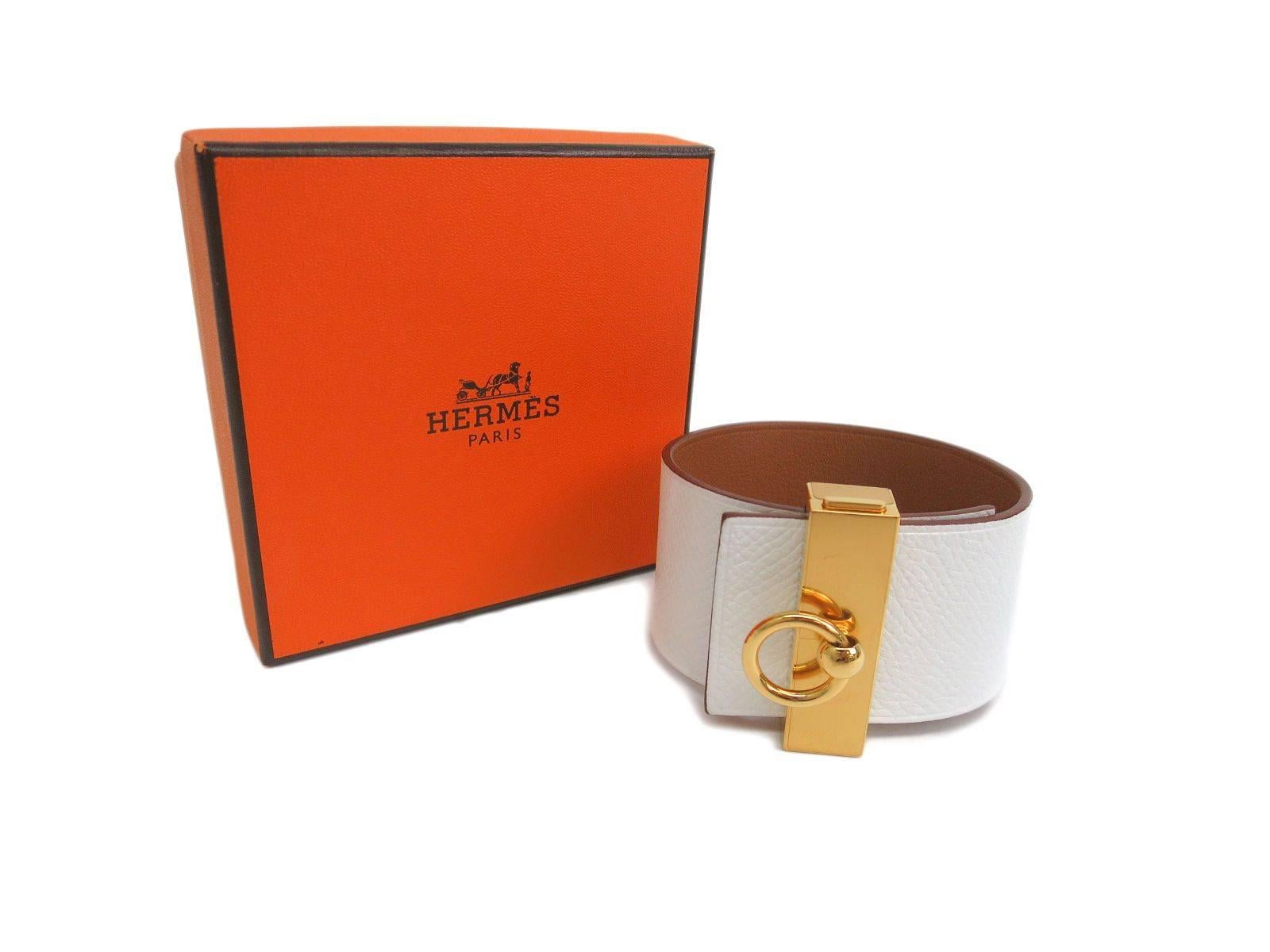 Women's Hermes White Epsom Leather Gold Hardware Illusion Cuff Bracelet in Box