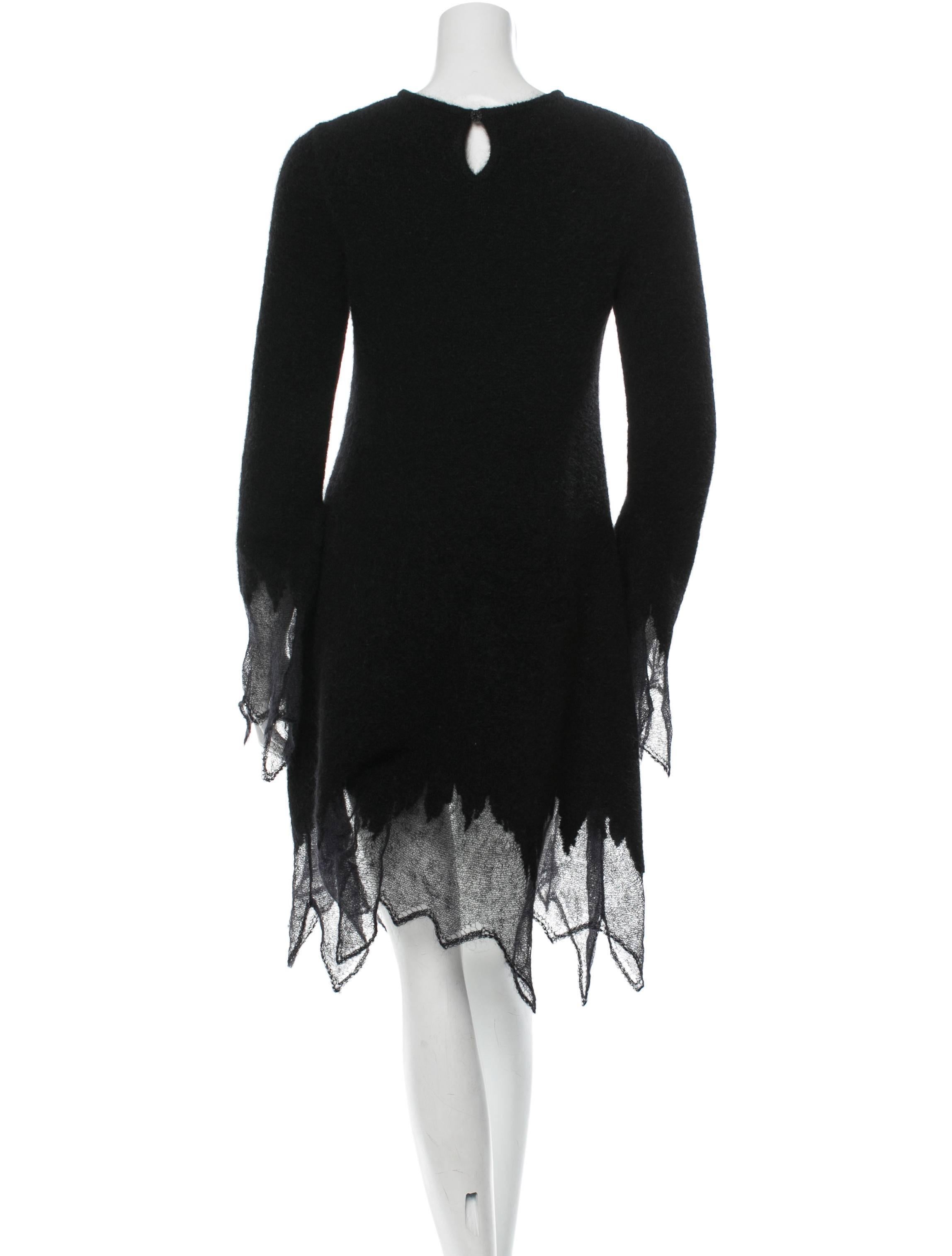 Women's Chanel Black Mohair Asymmetric Sheer Long Sleeve Gown Cocktail Dress