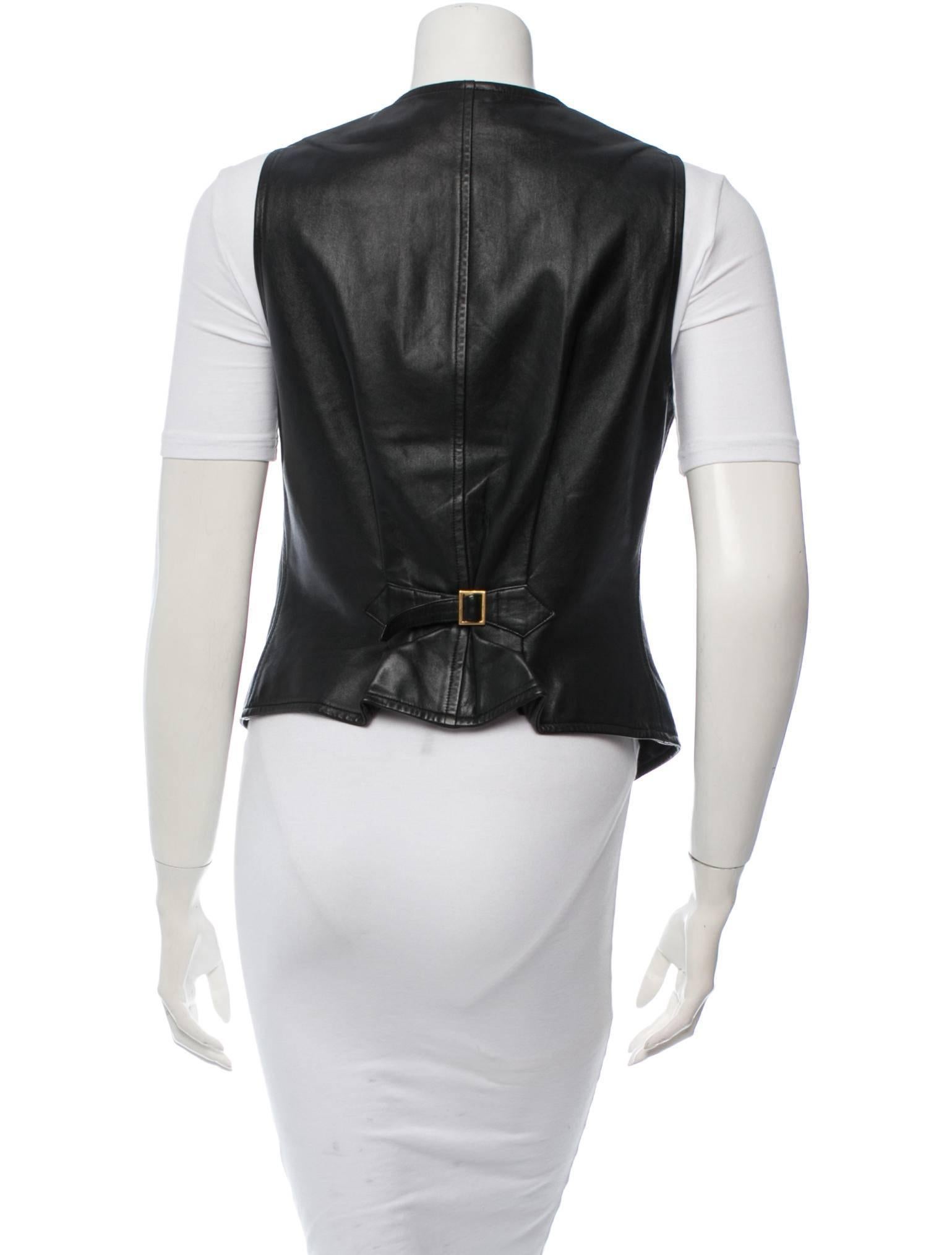 Chanel Vintage Black Leather Gold Button Double Pocket Sleeveless Vest In Good Condition In Chicago, IL