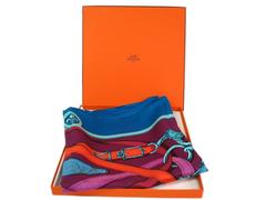Hermes Multi Color Pink Blue Purple Yellow Orange Cavalcadour Silk Scarf in Box