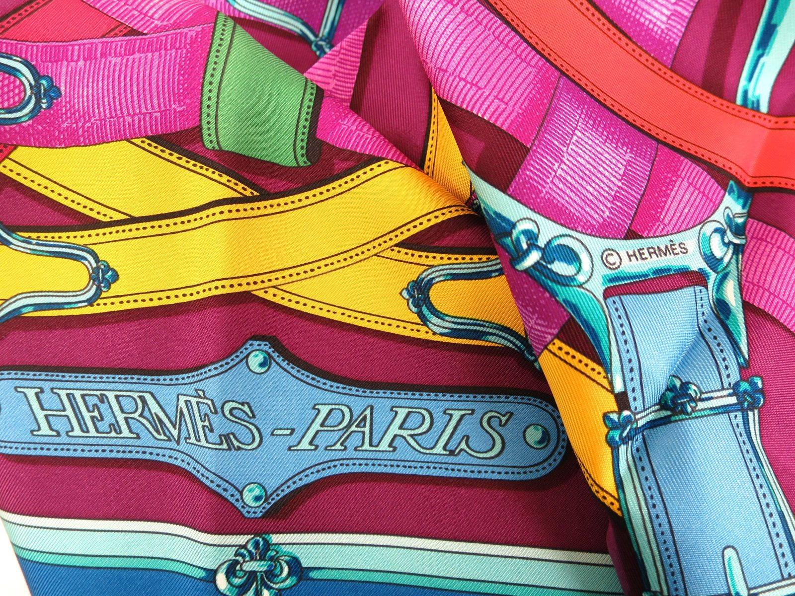 Hermes Multi Color Pink Blue Purple Yellow Orange Cavalcadour Silk Scarf in Box In Excellent Condition In Chicago, IL