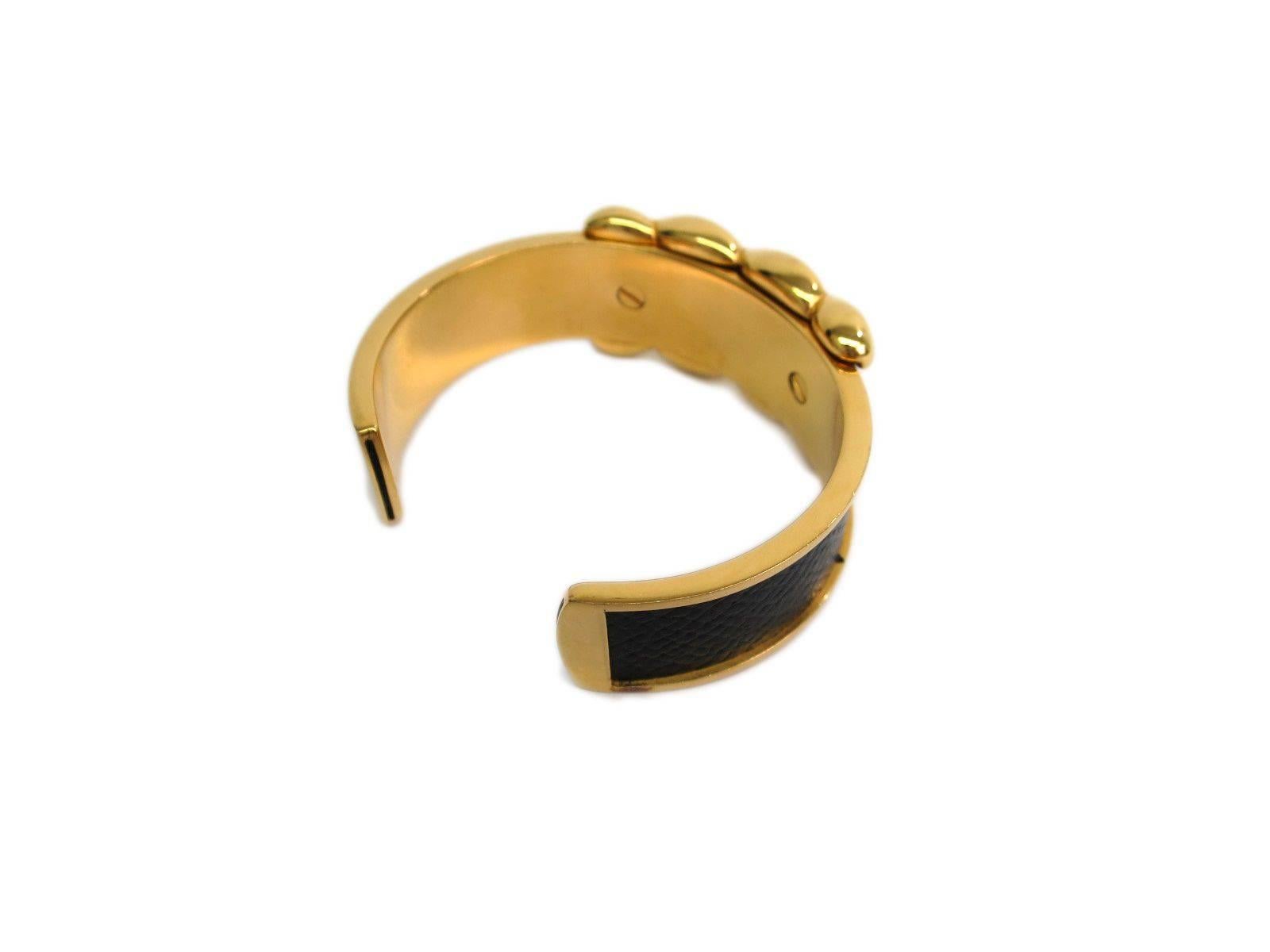 Hermes Black Leather Gold Palladium Hardware Bangle Cuff Bracelet in Box In Good Condition In Chicago, IL