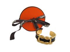 Hermes Black Leather Gold Palladium Hardware Bangle Cuff Bracelet in Box