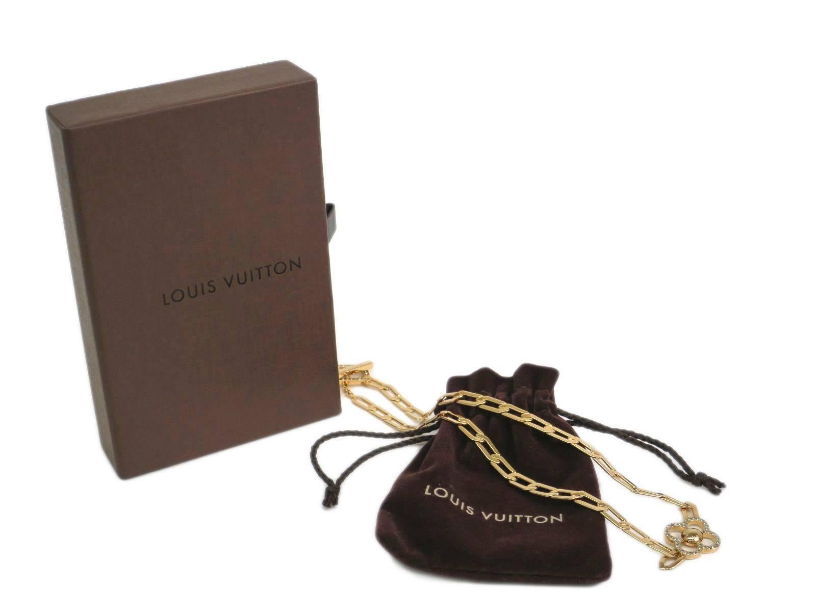 Louis Vuitton Gold Tone Flower Motif Charm Rhinestone Necklace in Box 1