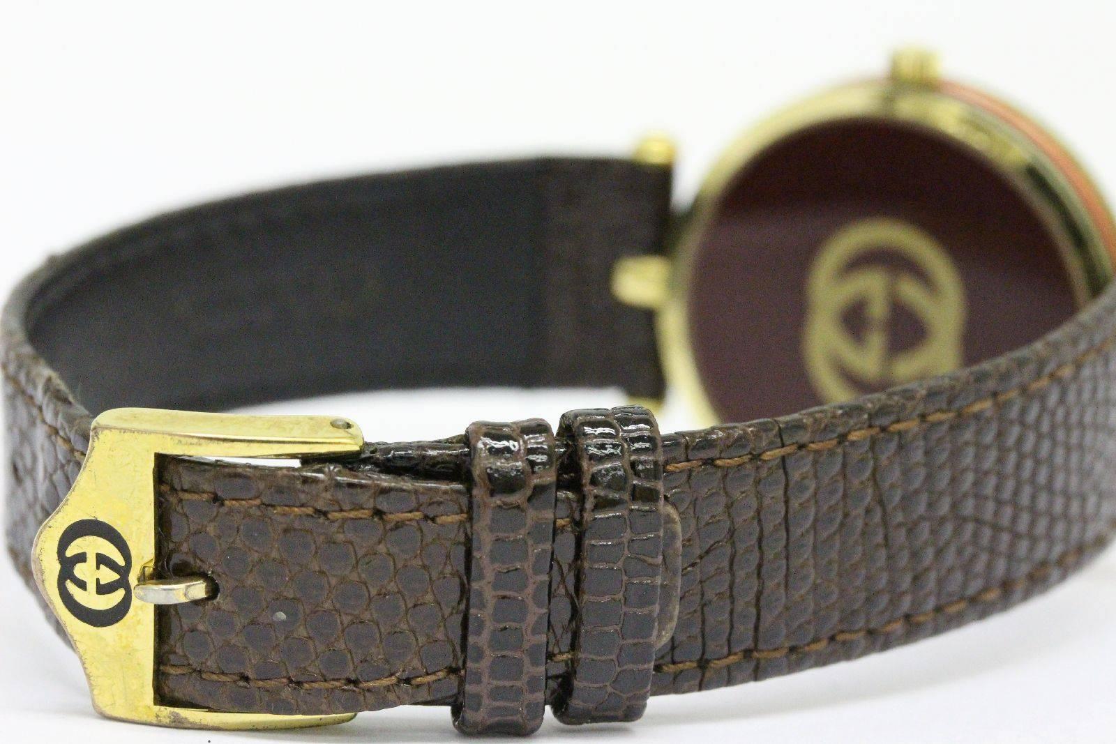 Gucci Vinage Brown Leather Gold Men's Women's Unisex Mid Size Watch 2