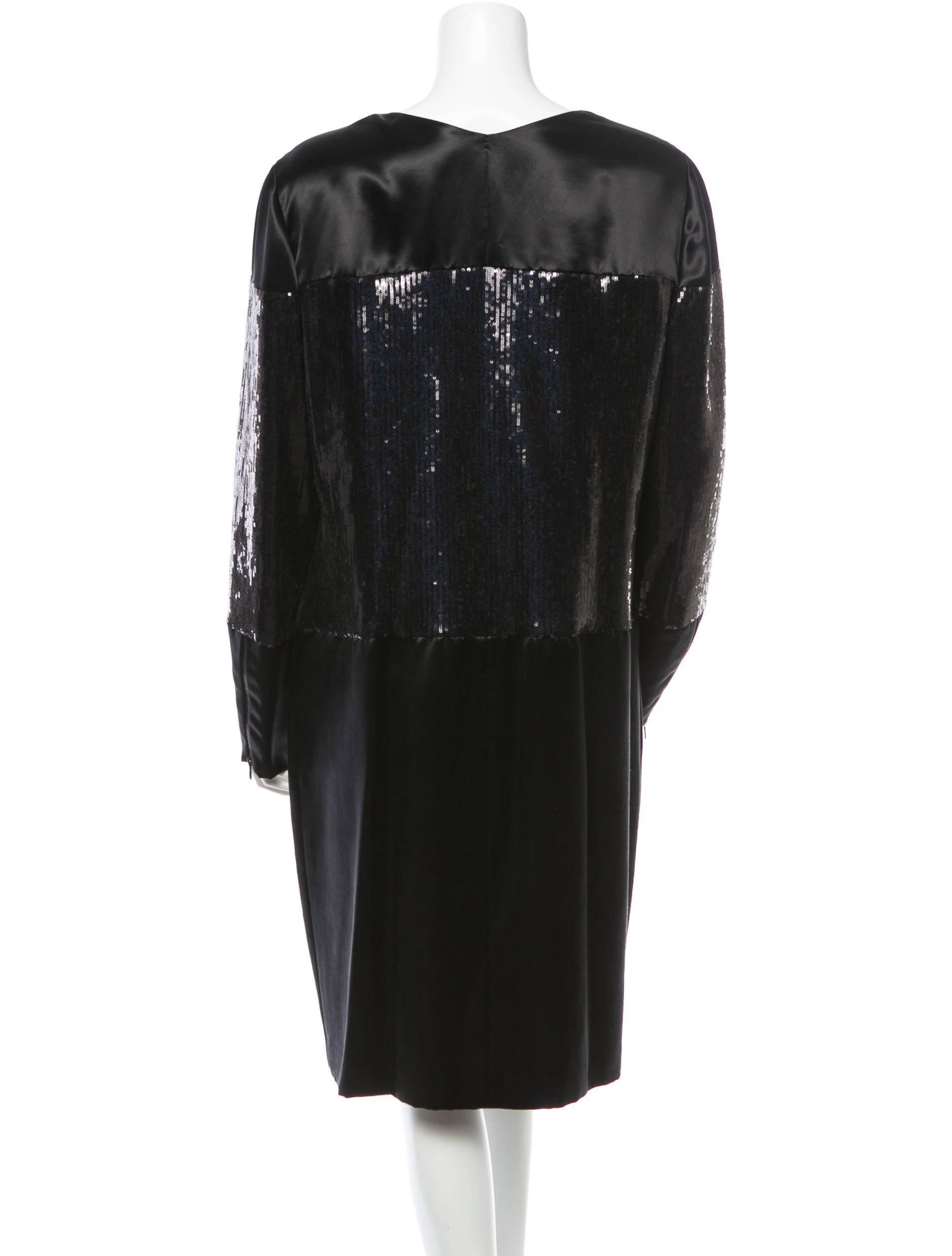 Chanel Black Satin and Sequin Midi Mid Length Long Sleeve Cocktail Gown Dress In Excellent Condition In Chicago, IL