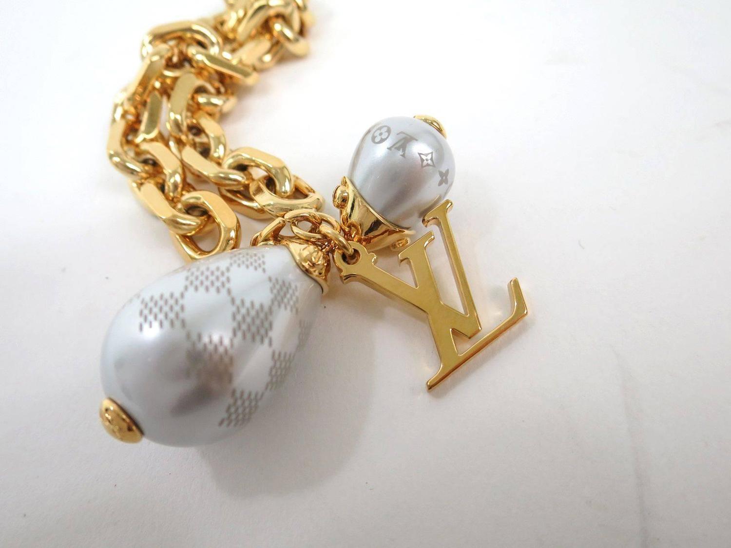 Louis Vuitton Monogram Damier Gold Pearl LV Charm Chain Link Bracelet in Box at 1stdibs