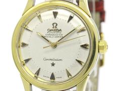 Omega Constellation Yellow Gold Leather Band Pie Pan Unisex Wrist Watch