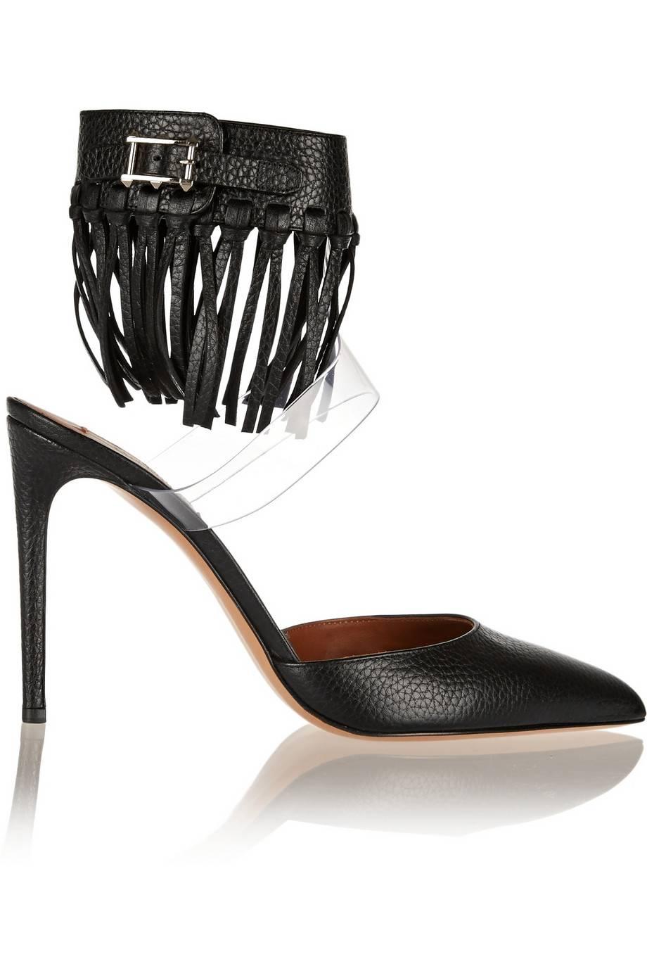 Valentino Black Leather Fringe PVC Pointy Ankle Sandal Heels Shoes in Box In New Condition In Chicago, IL