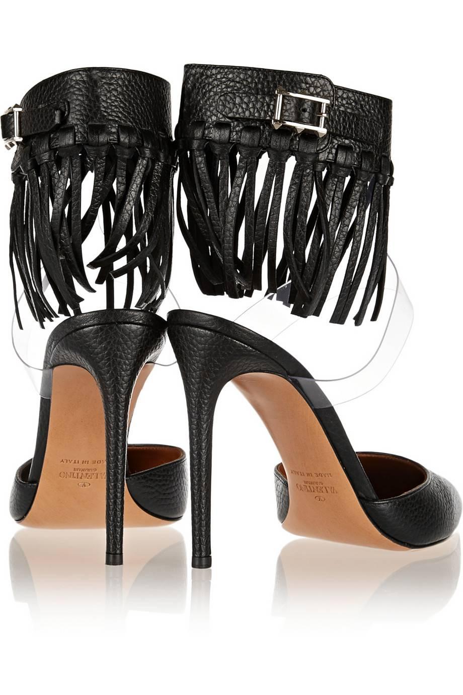 Women's Valentino Black Leather Fringe PVC Pointy Ankle Sandal Heels Shoes in Box