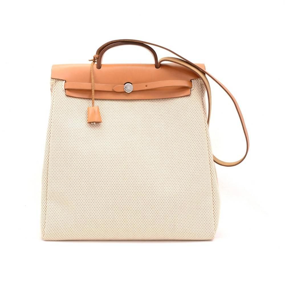 Hermes Herbag Beige Canvas Leather Top Handle Satchel Weekender ...  