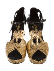 Chanel Gold Bronze Black Baroque Platform Peep Toe Wedge Sandals Heels