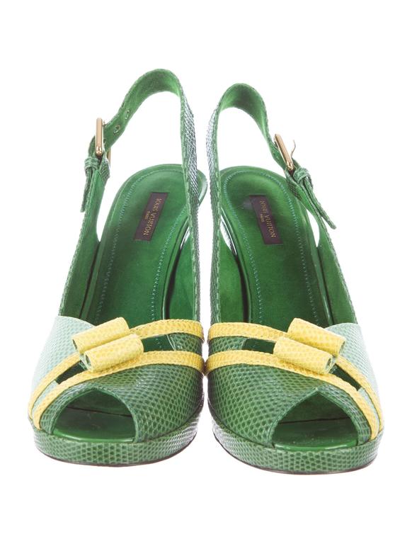 Louis Vuitton Green Yellow Lizard Leather Peep Toe High Heel Pumps in ...