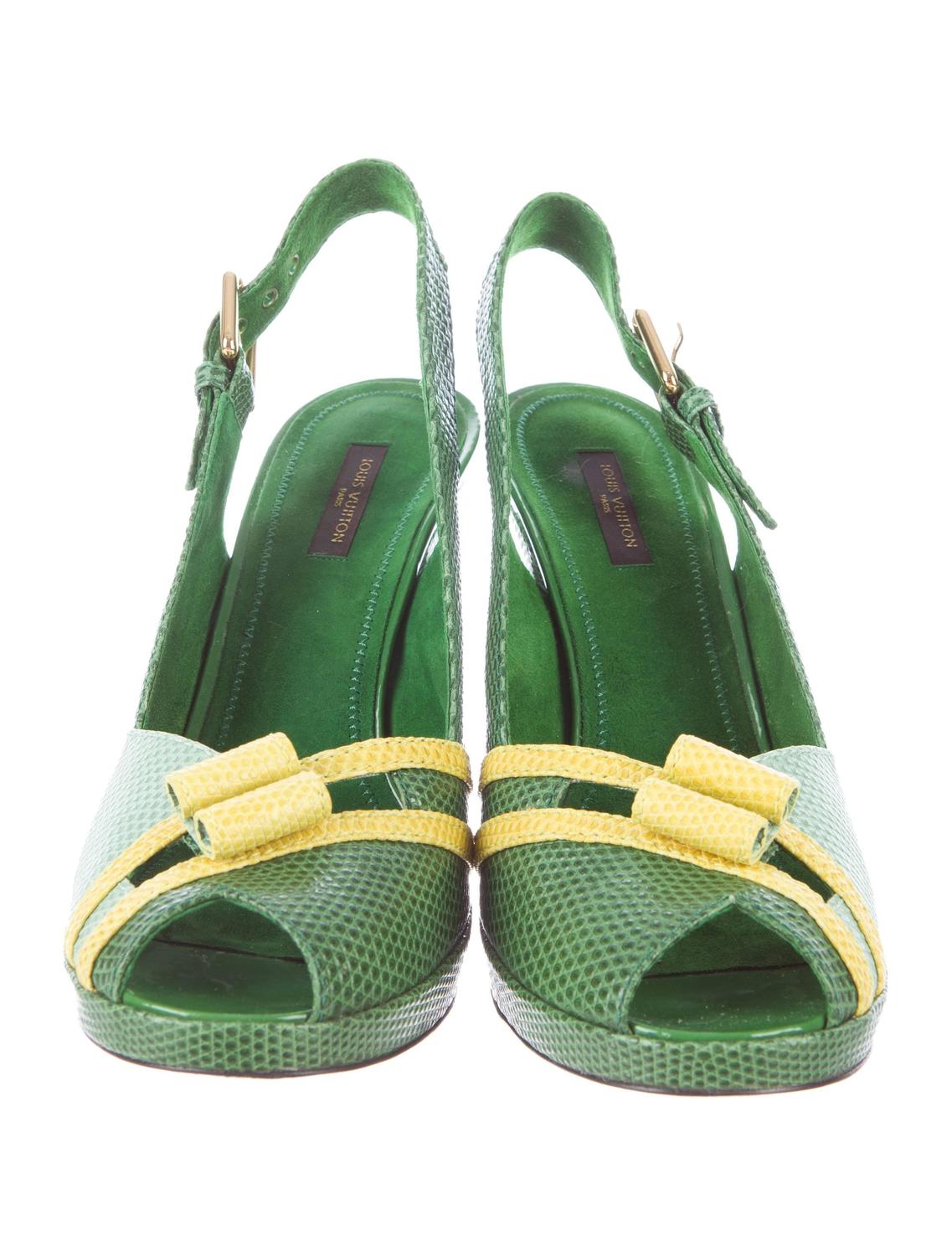 Louis Vuitton Green Yellow Lizard Leather Peep Toe High Heel Pumps in Box at 1stdibs