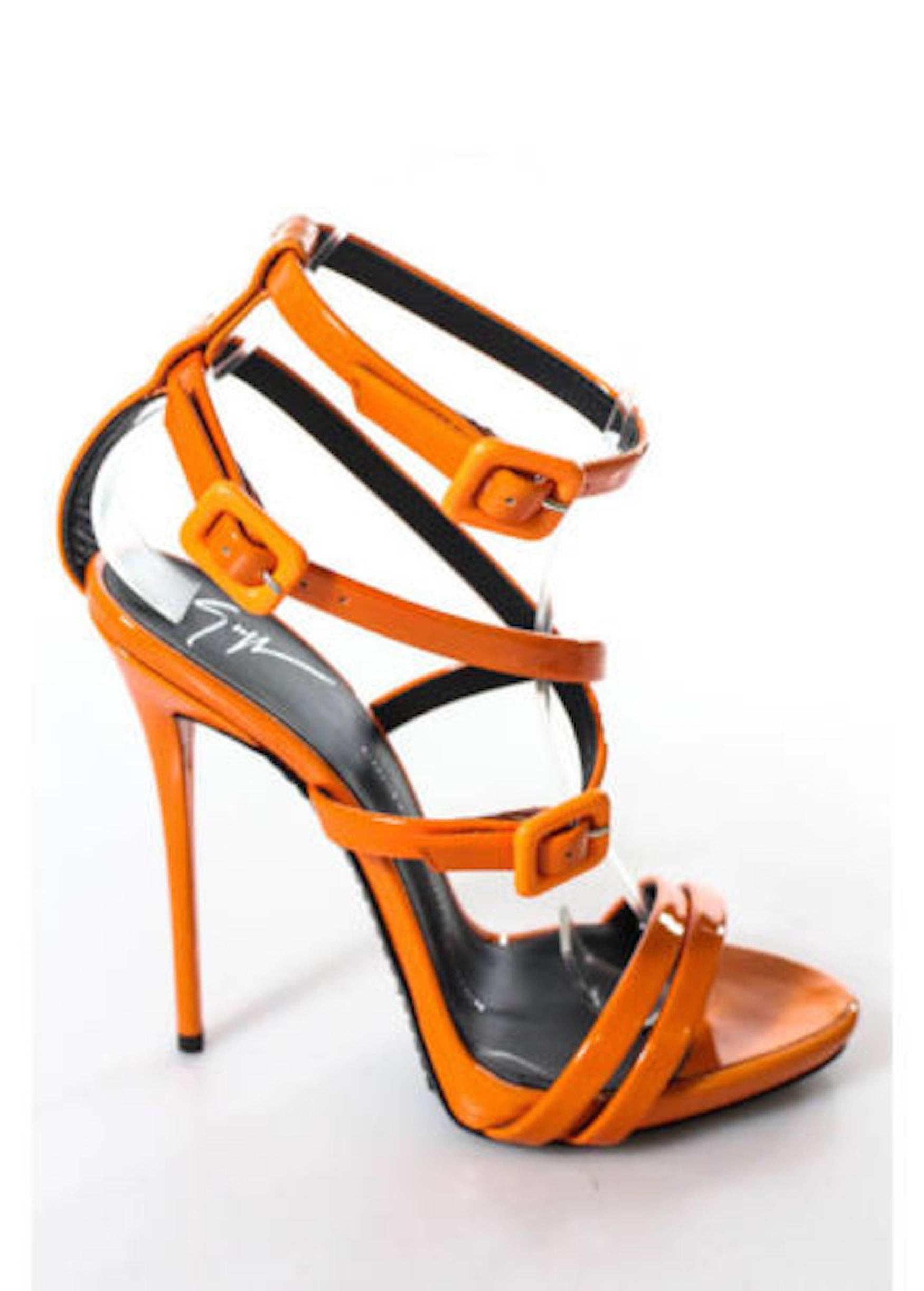 Giuseppe Zanotti Brand New Orange Patent Leather Strappy Sandals High Heels In New Condition In Chicago, IL