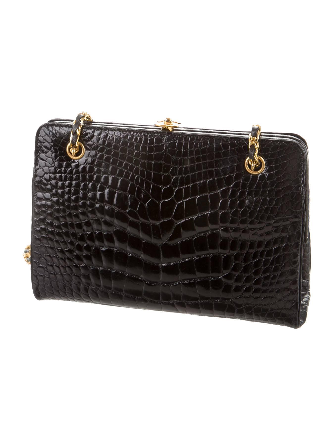 Chanel Rare Black Alligator Leather Gold Chain Flap Evening Cross Shoulder Bag In Good Condition In Chicago, IL
