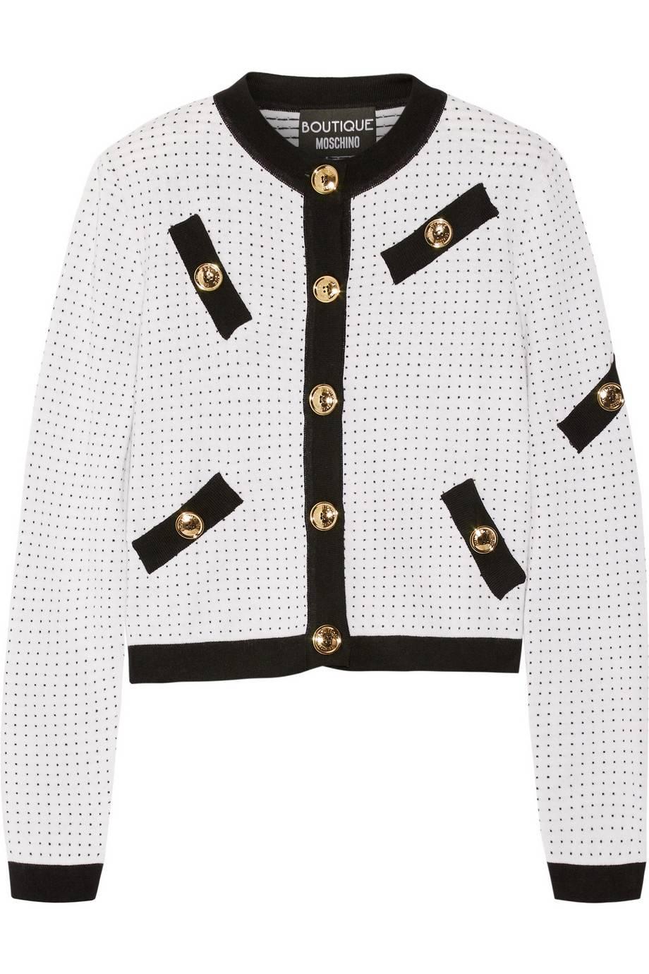Moschino Boutique Polka Dot Black and White Gold Button Down Cardigan Sweater