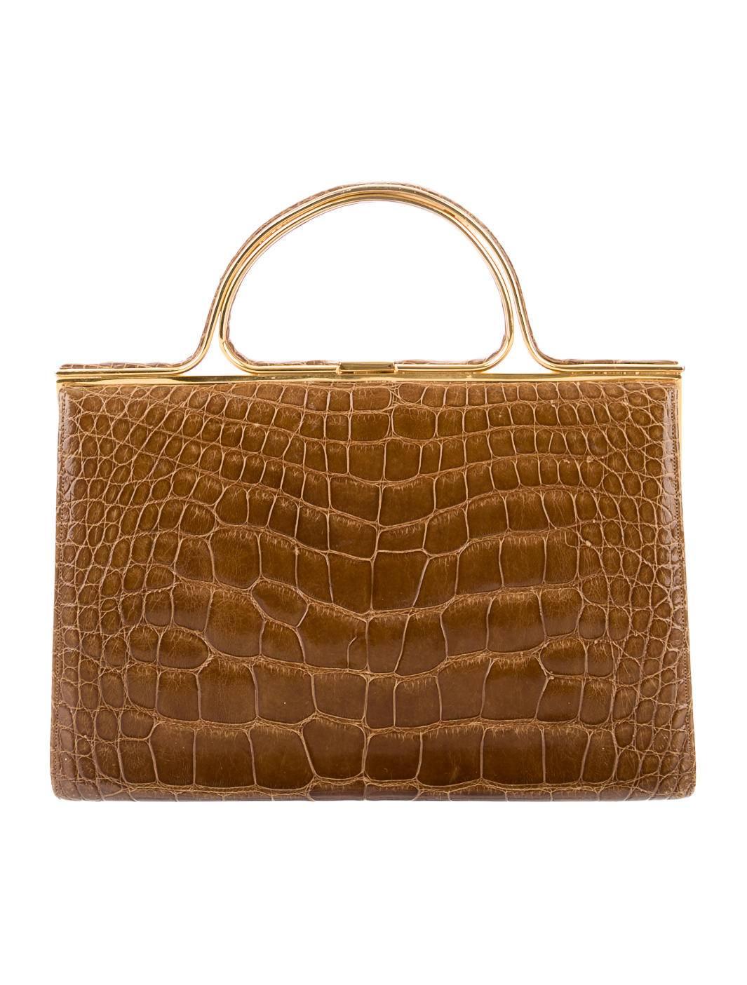 Judith Leiber Cognac Brown Crocodile Gold HW Top Handle Evening Satchel Bag In Good Condition In Chicago, IL