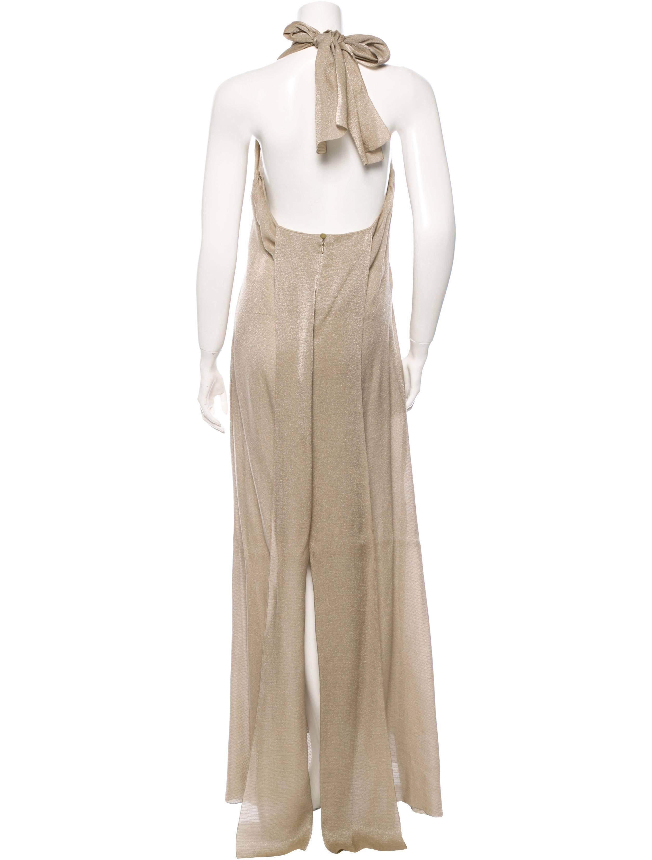 Chanel Vintage Gold Nude Tan Metallic V-Neck Halter Cocktail Evening Dress In Excellent Condition In Chicago, IL