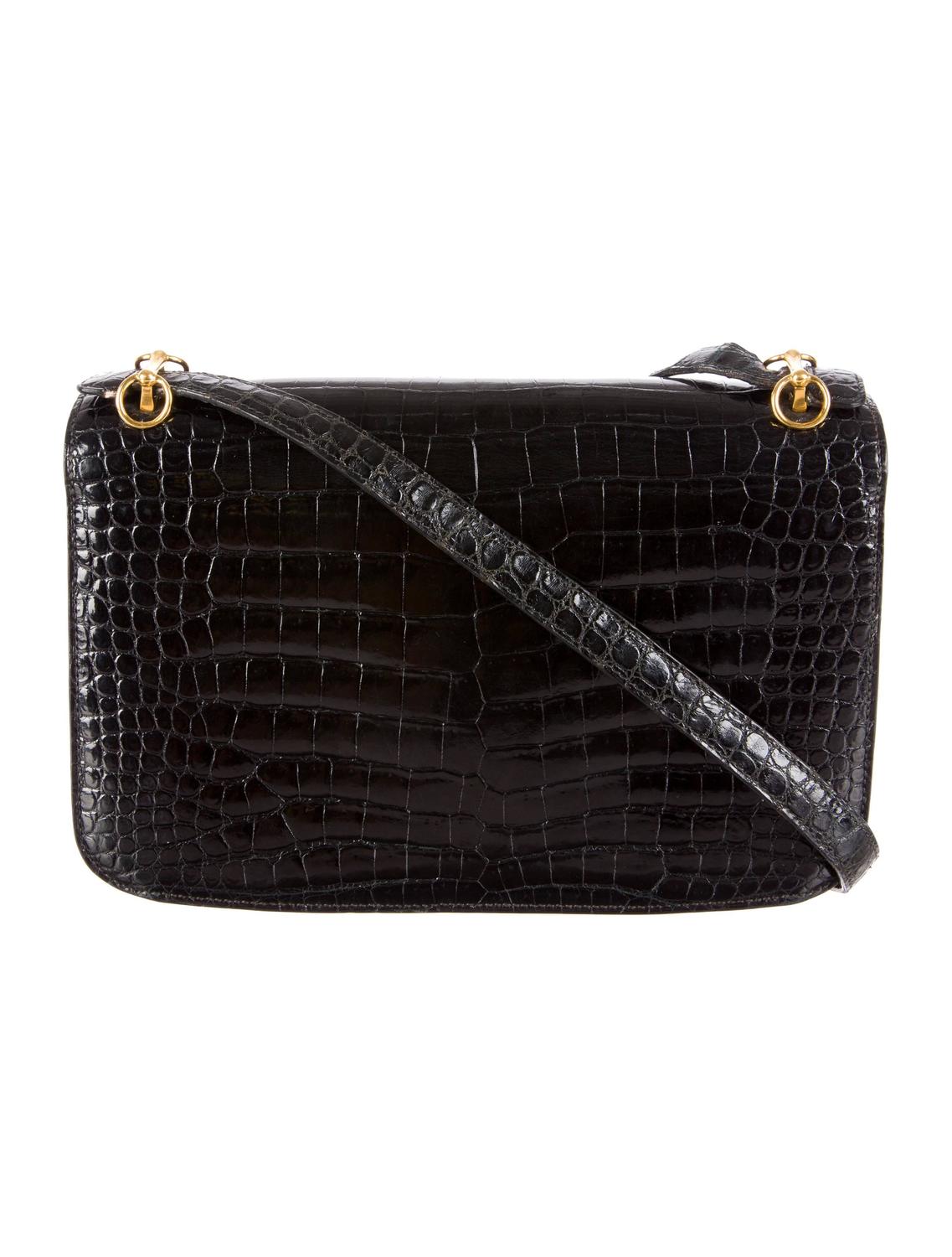 Hermes RARE Vintage Black Crocodile Gold Hardware Box Flap Shoulder Bag ...
