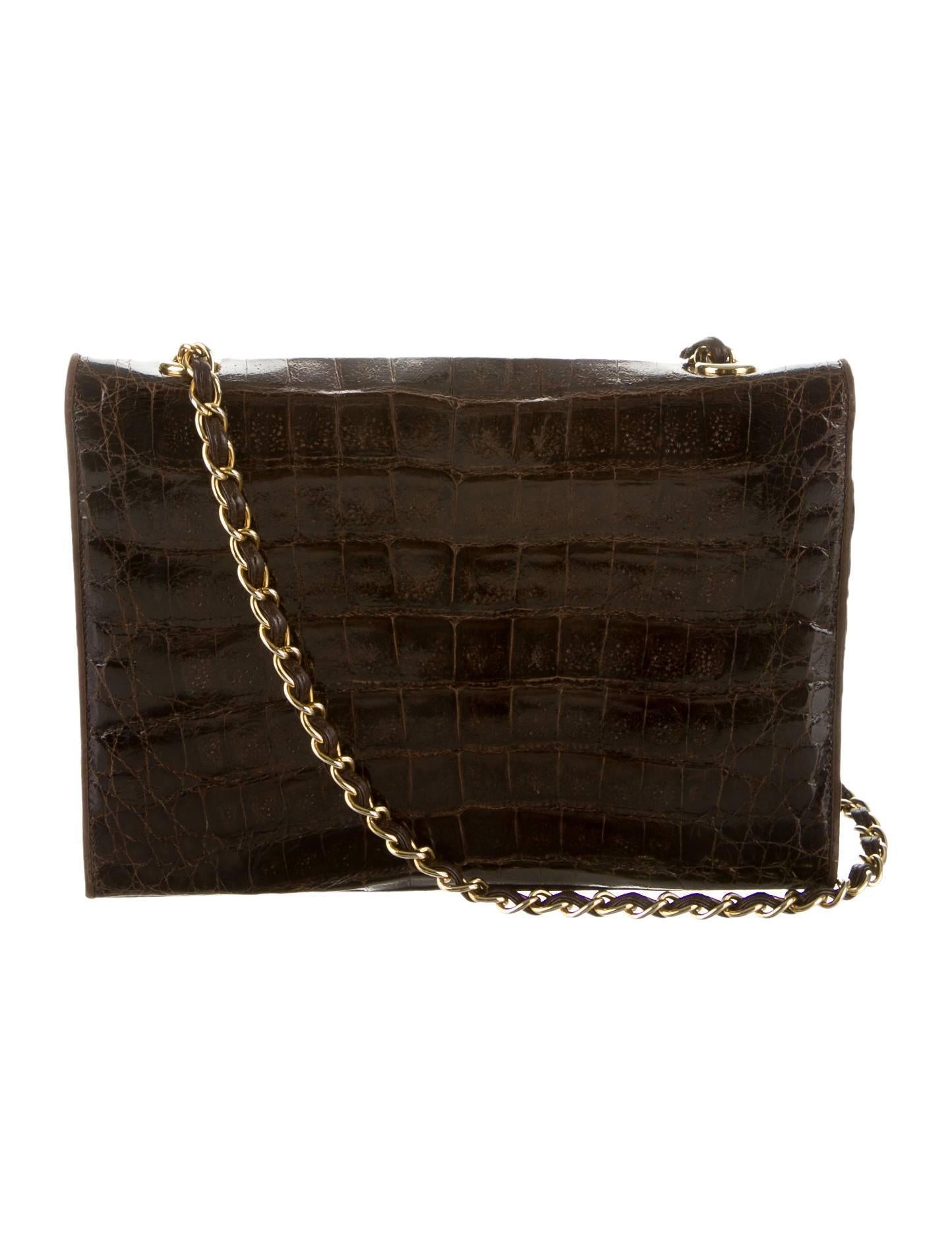 Black Chanel RARE Vintage Brown Crocodile Leather Gold Chain CC Flap Shoulder Bag