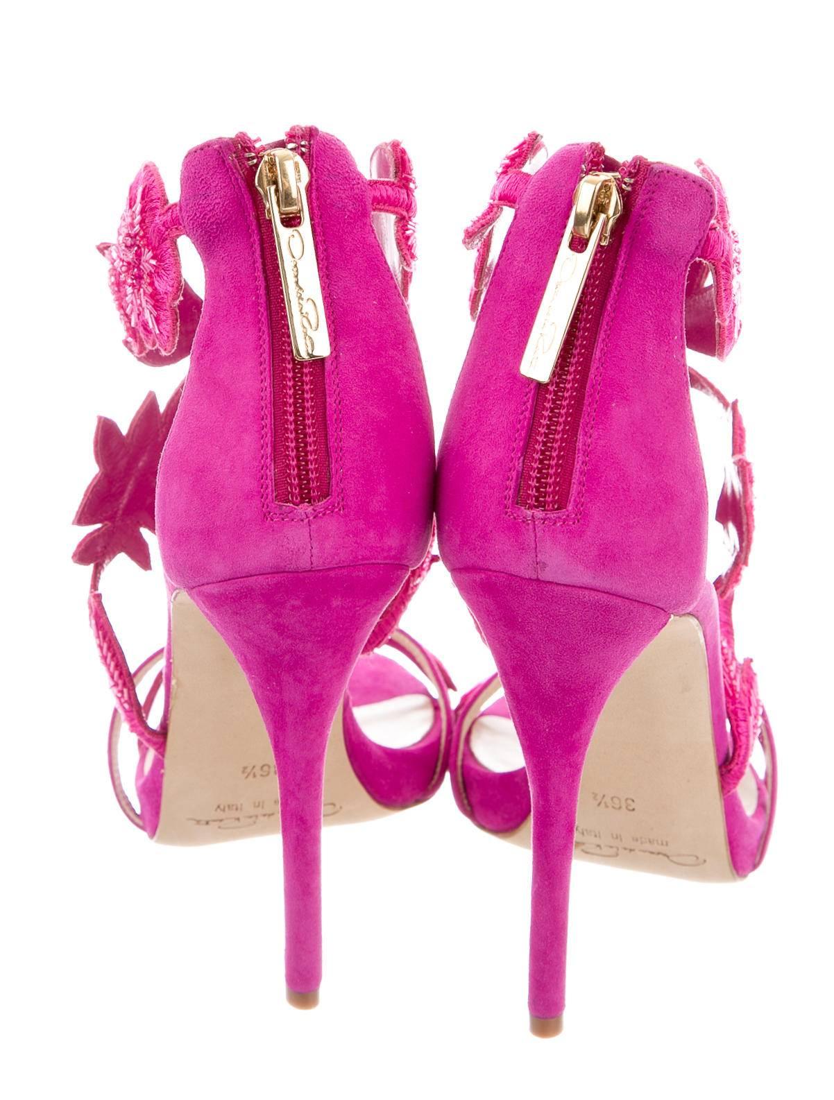 Women's Oscar de la Rental NEW Pink Suede Bead Floral High Heels Sandals in Box