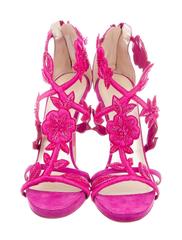 Oscar de la Rental NEW Pink Suede Bead Floral High Heels Sandals in Box