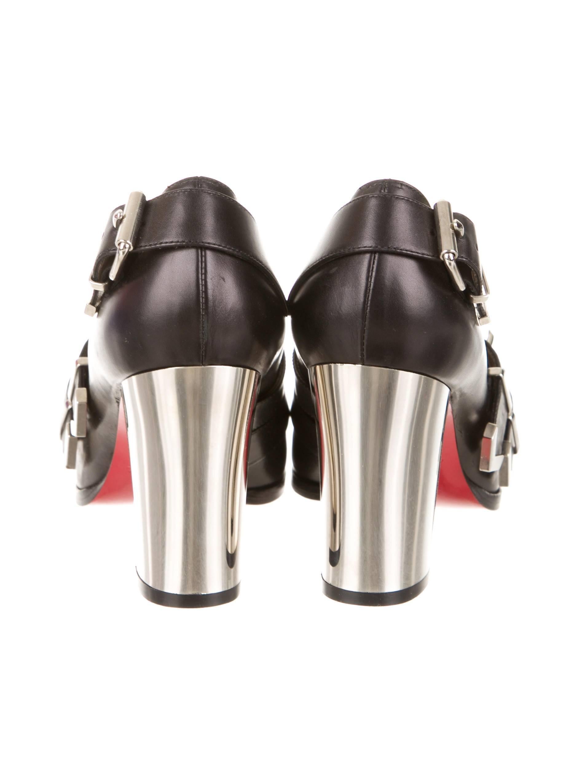 Brown Christian Louboutin NEW Black Leather Mirror Metal Heels Loafers Pumps in Box