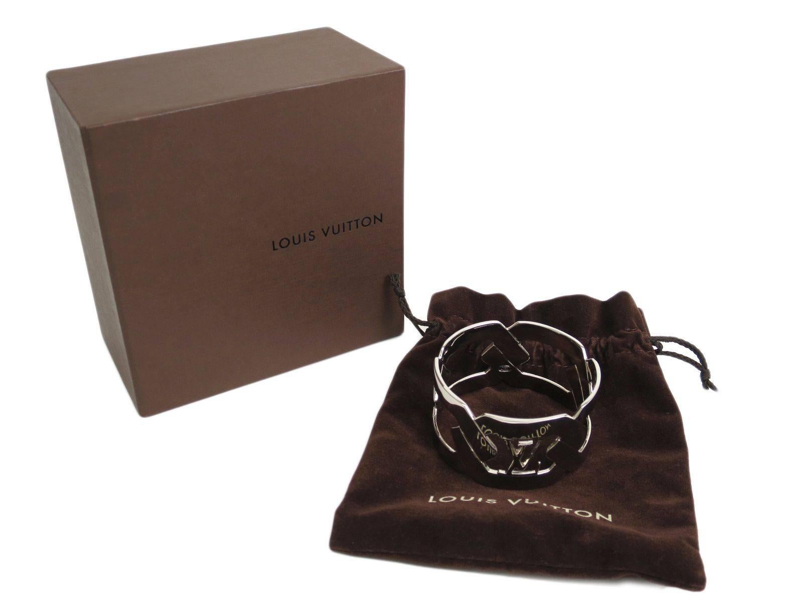 Louis Vuitton Silver Logo LV Charm Bangle Cuff Bracelet in Box In Excellent Condition In Chicago, IL