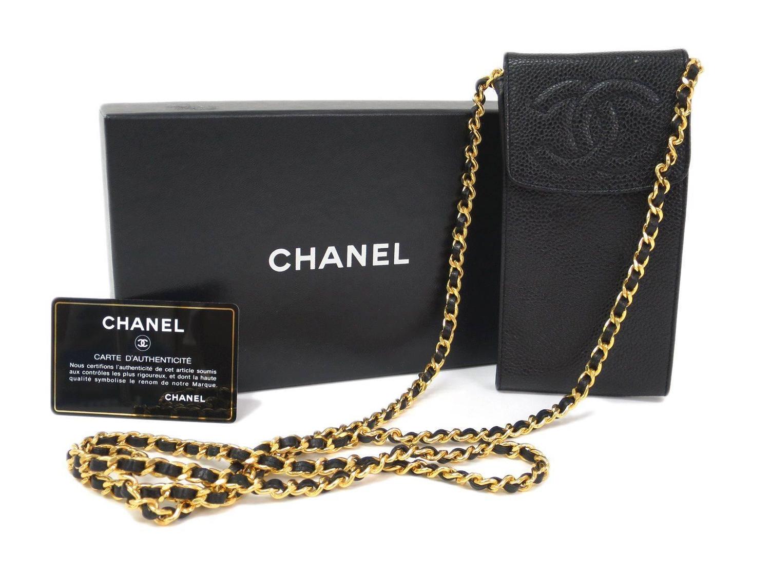 Chanel Black Caviar Leather Gold Mini Cell Phone Crossbody Shoulder Bag in Box For Sale at 1stdibs