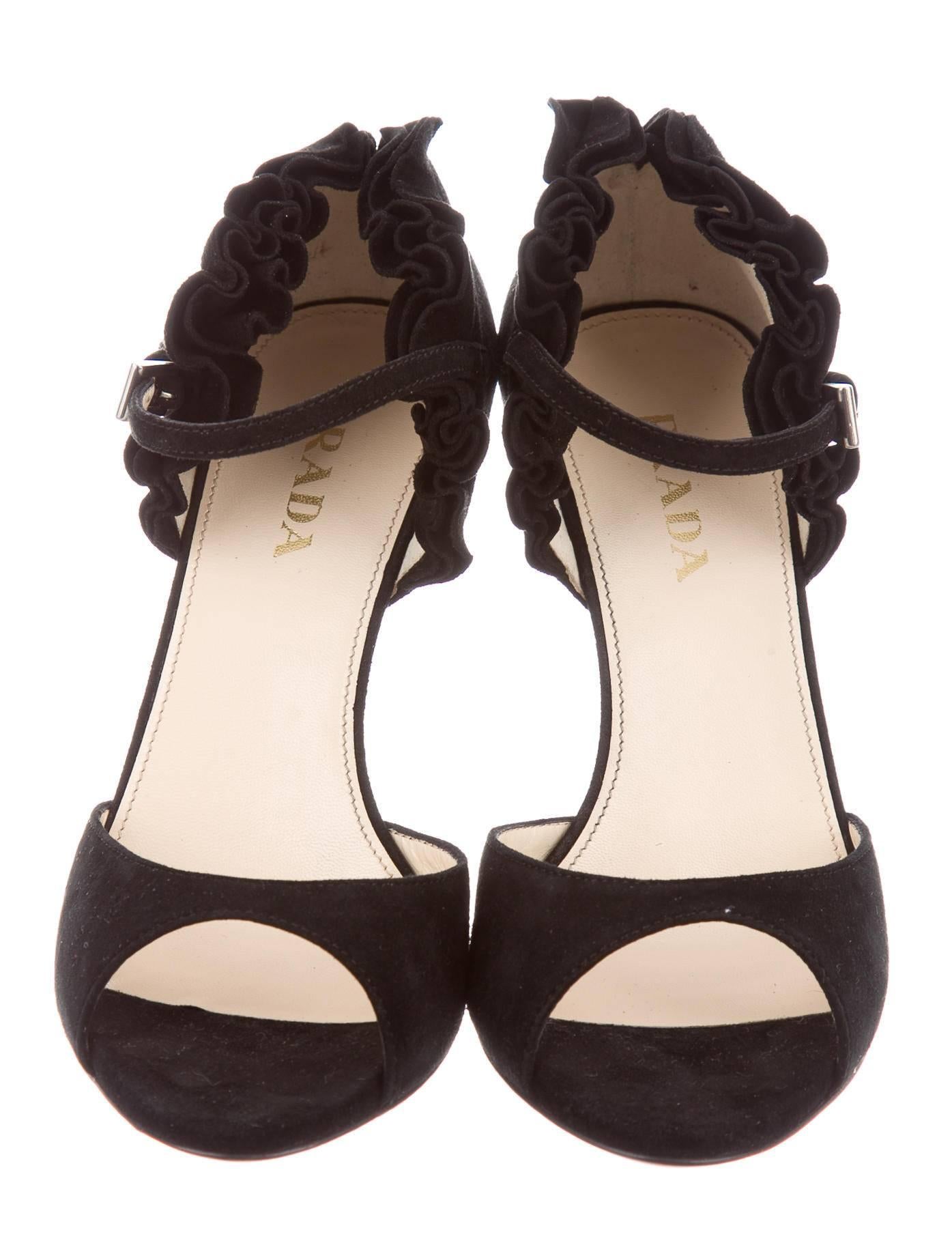 Black Prada NEW Suede Ruffle Open Toe High Heels Strappy Sandals in Box