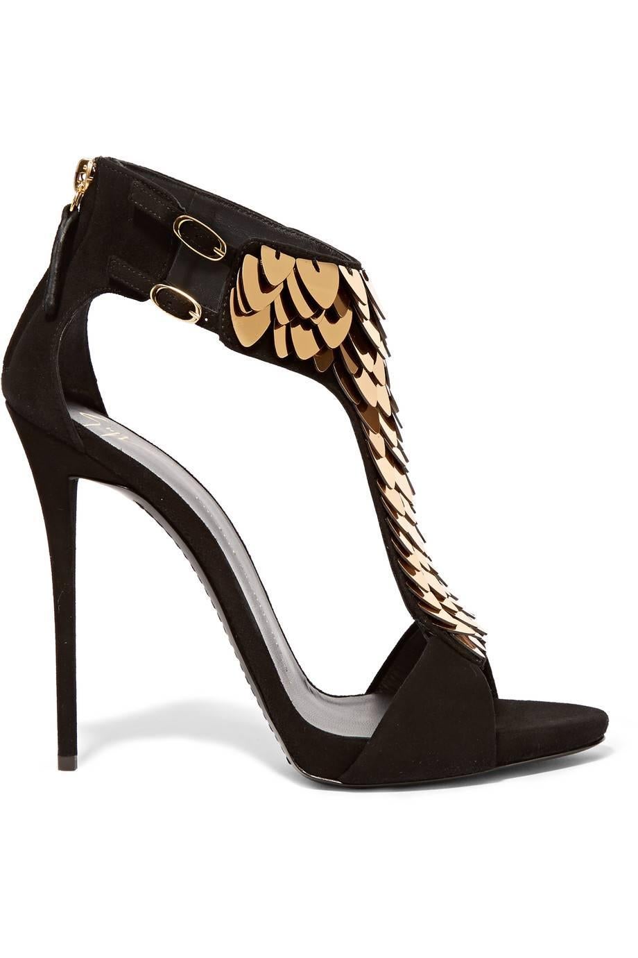 Women's Giuseppe Zanotti NEW Black Suede Gold Sequin High Heels Sandals in Box